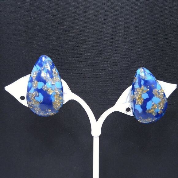 Vintage 1950s Blue Gold Glitter Lucite Clip Earrings Mid Century Modern Jewelry - Picture 2 of 13